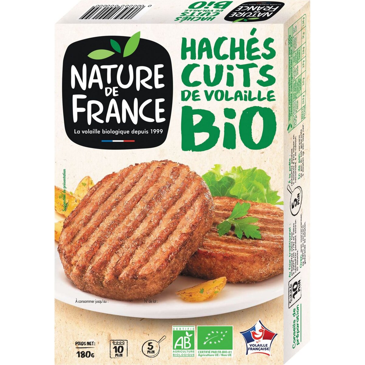 NATURE DE FRANCE Haché cuit de volaille bio 2 pièces 180g