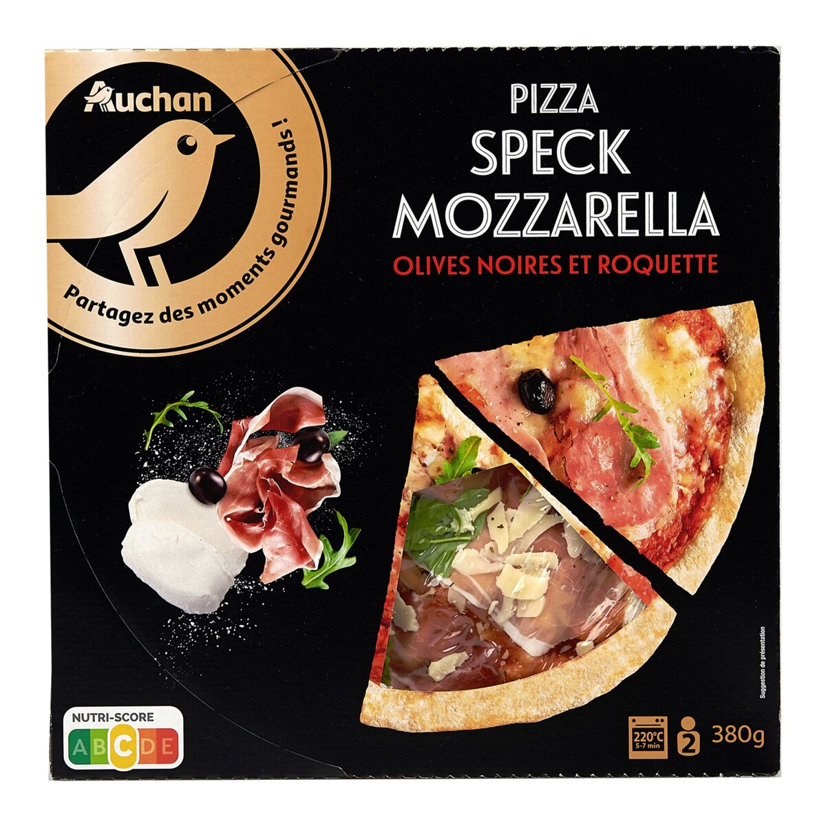 AUCHAN GOURMET Pizza speck mozzarella olives noires et roquette 380g