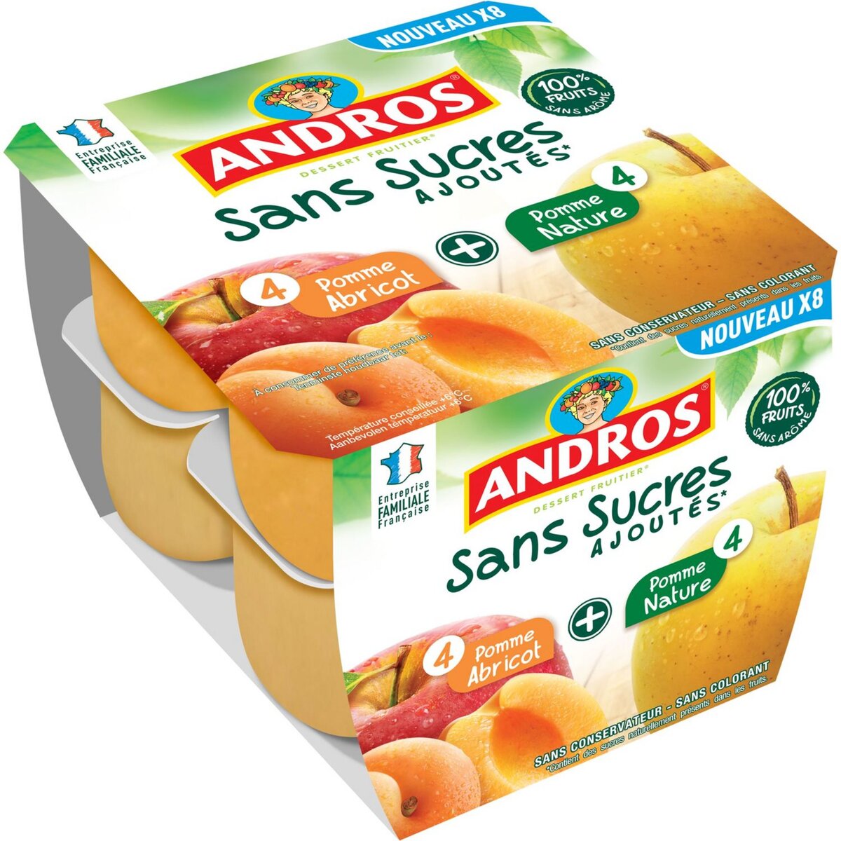 ANDROS Compotes pomme nature pomme abricot sans sucres ajoutés 8x100g
