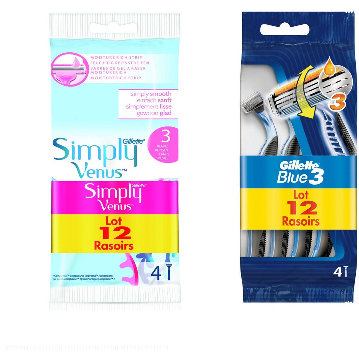 GILLETTE Pack rasoirs jetables femme & homme Simply Venus + Gillette Blue 3 12 rasoirs