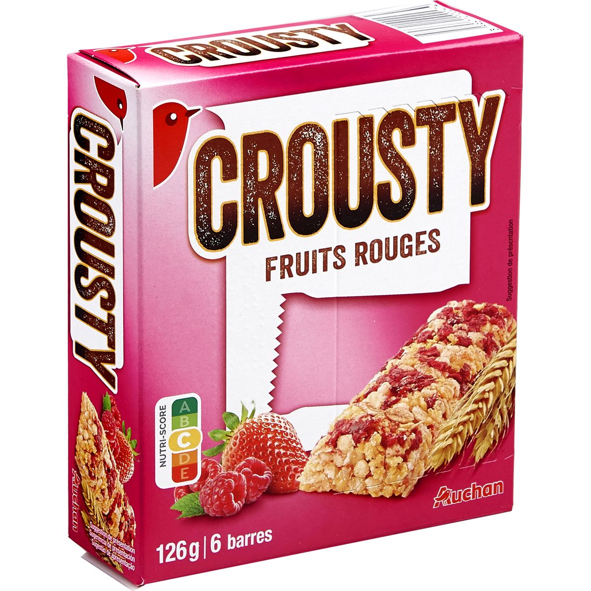 AUCHAN Crousty barres de céréales aux fruits rouges 6 barres 126g
