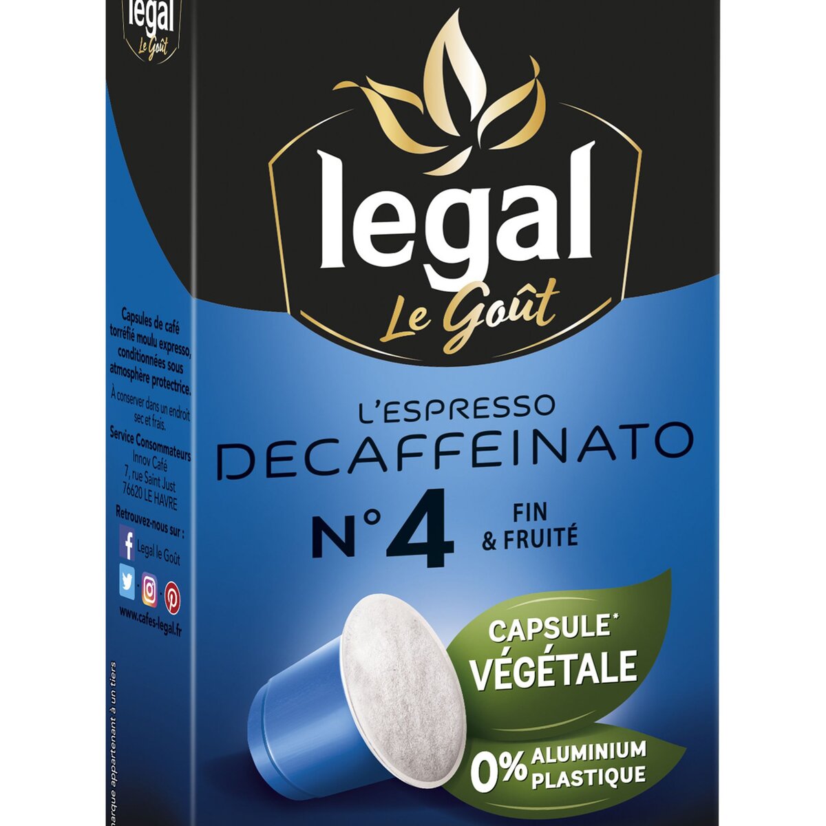 LEGAL Café espresso decafeiné en capsule végétale compatible Nespresso 10 capsules 50g