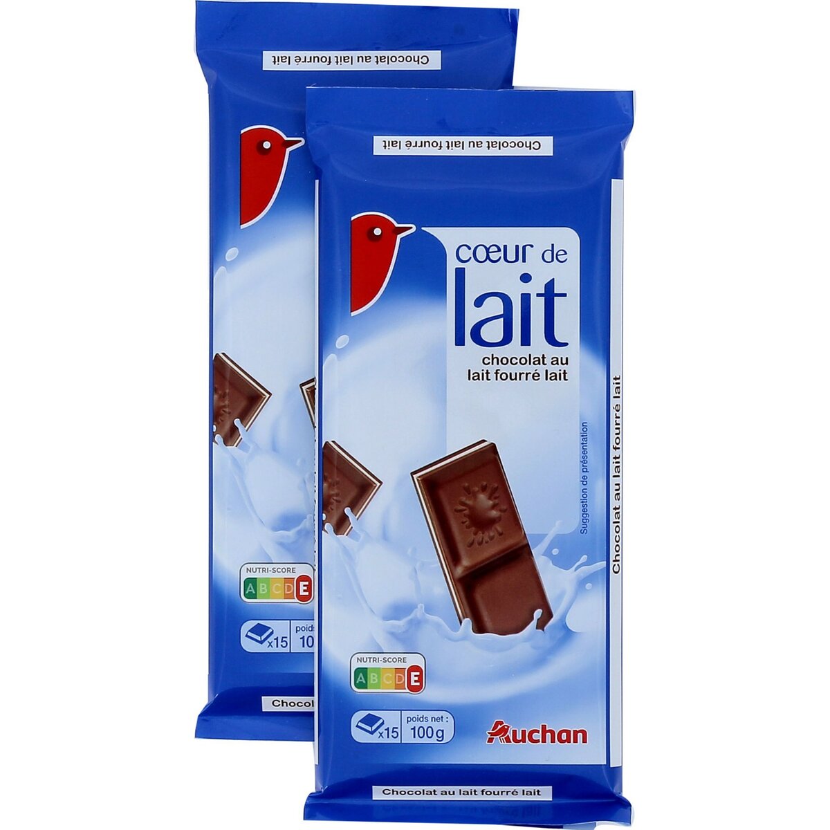 AUCHAN Tablette de chocolat cœur de lait fourré au lait 2 pièces 2x100g
