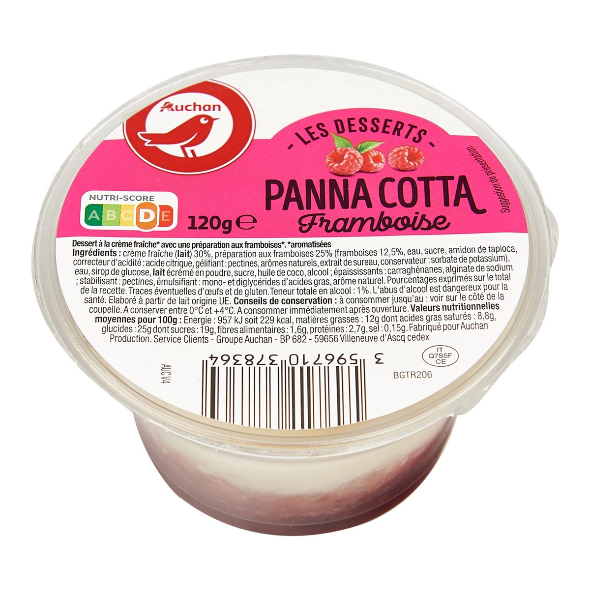 AUCHAN Les desserts panna cotta framboise avec cuillère 120g