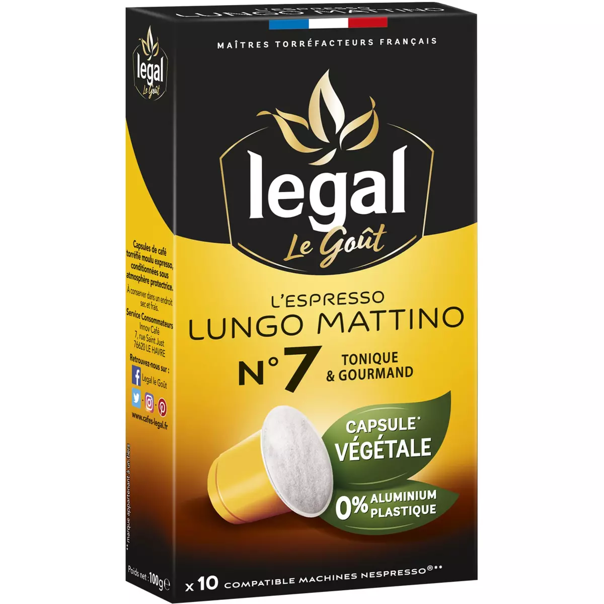 LEGAL Café espresso long matin en capsule végétale compatible Nespresso 10 capsules 50g