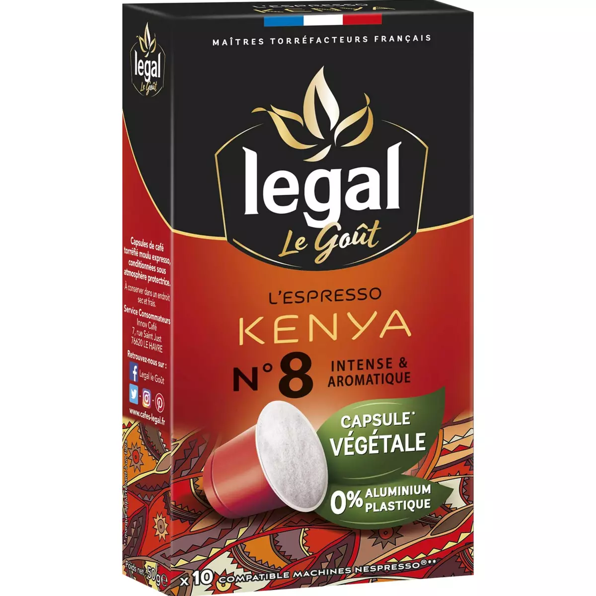 LEGAL Café espresso Kenya en capsule végétale compatible Nespresso 10 capsules 50g