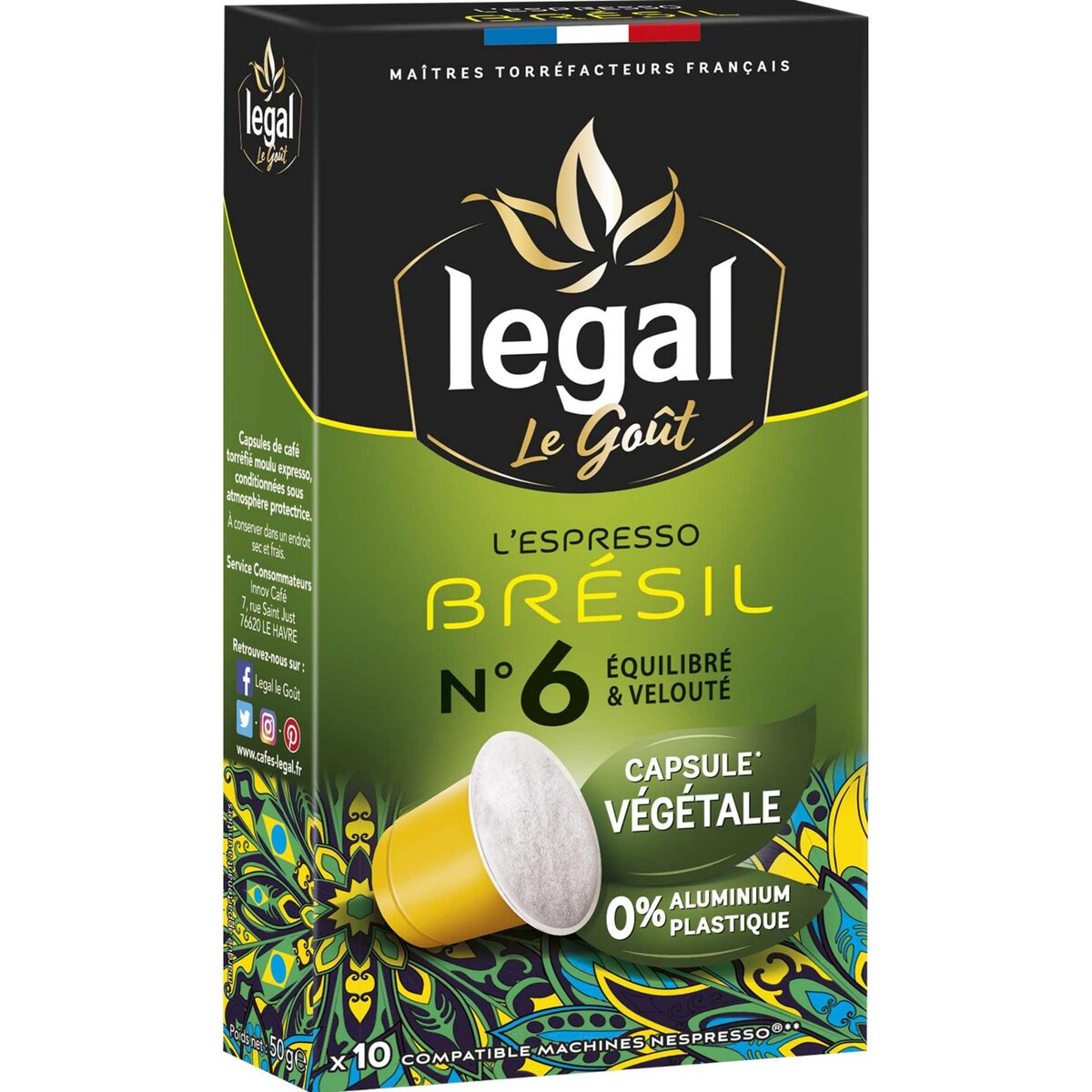 LEGAL Café espresso Brésil en capsule végétale compatible Nespresso 10 capsules 50g
