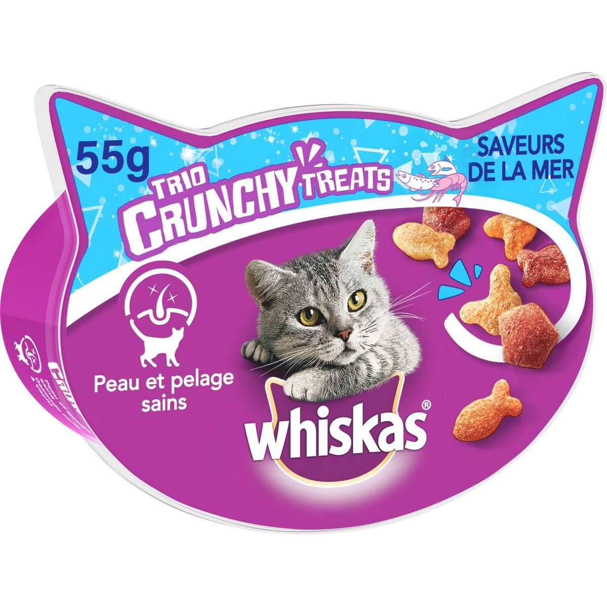 WHISKAS Barquette friandises trio crunchy poissons pour chat 55g