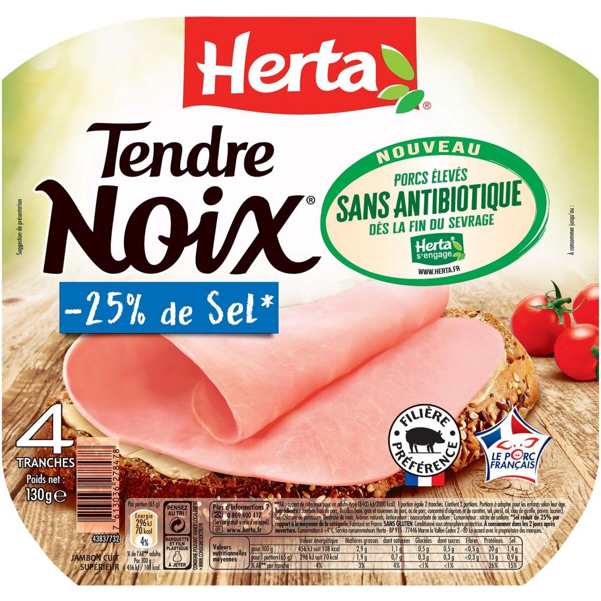 HERTA Herta tendre noix sans antibio sel réduit tranche x4 -120g