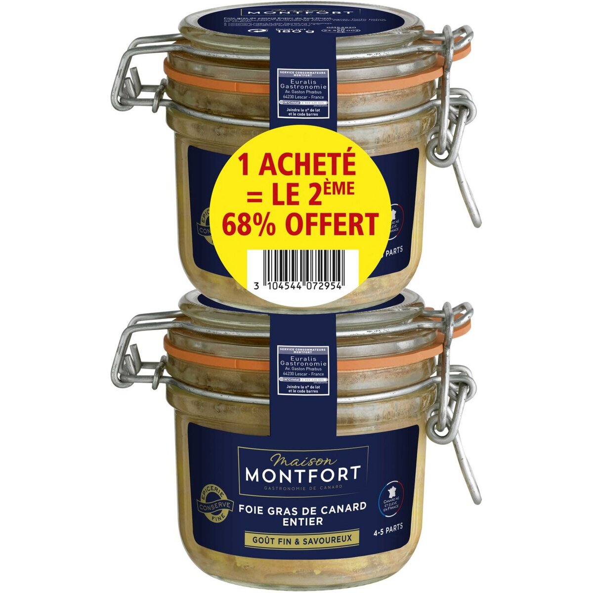 MONTFORT Foie gras de canard entier 2ème 68% offert 8-10 parts 2x180g