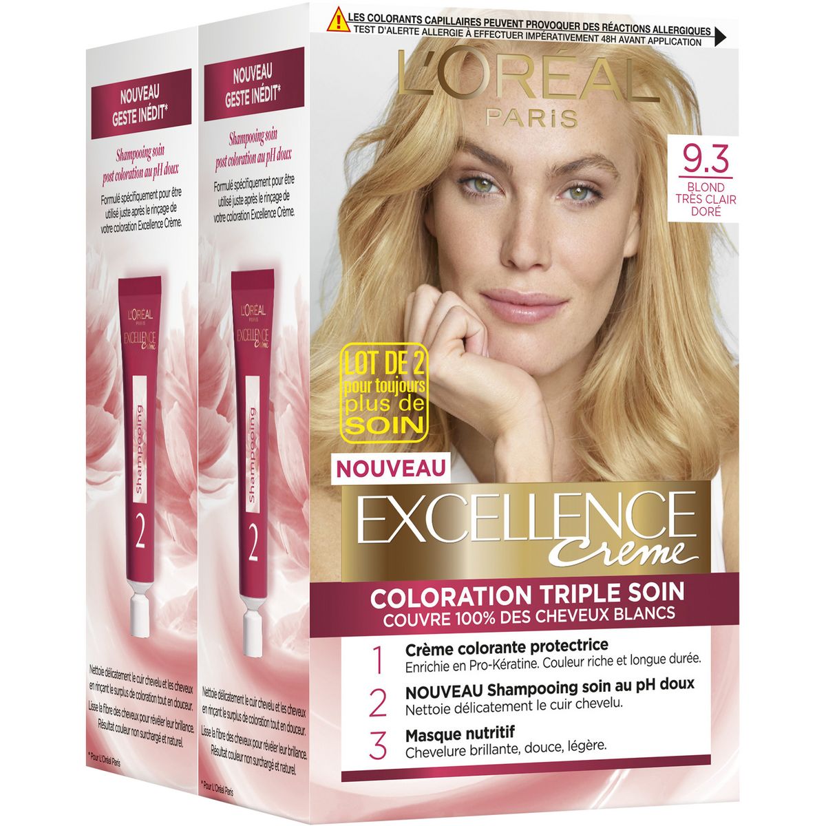 L'OREAL Excellence crème colorante longue durée triple soin 9.3 blond clair doré 2x4 produits 2 kits