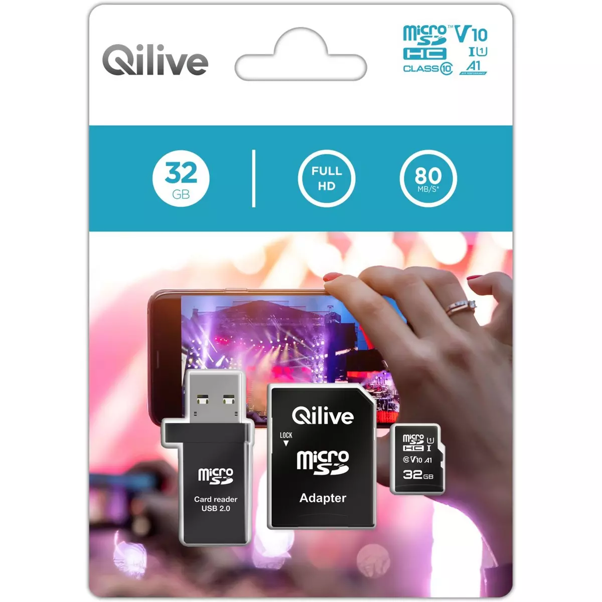 QILIVE Carte mémoire MicroSDHC V10 32 Go + Adaptateur MicroSD + clé USB 2.0