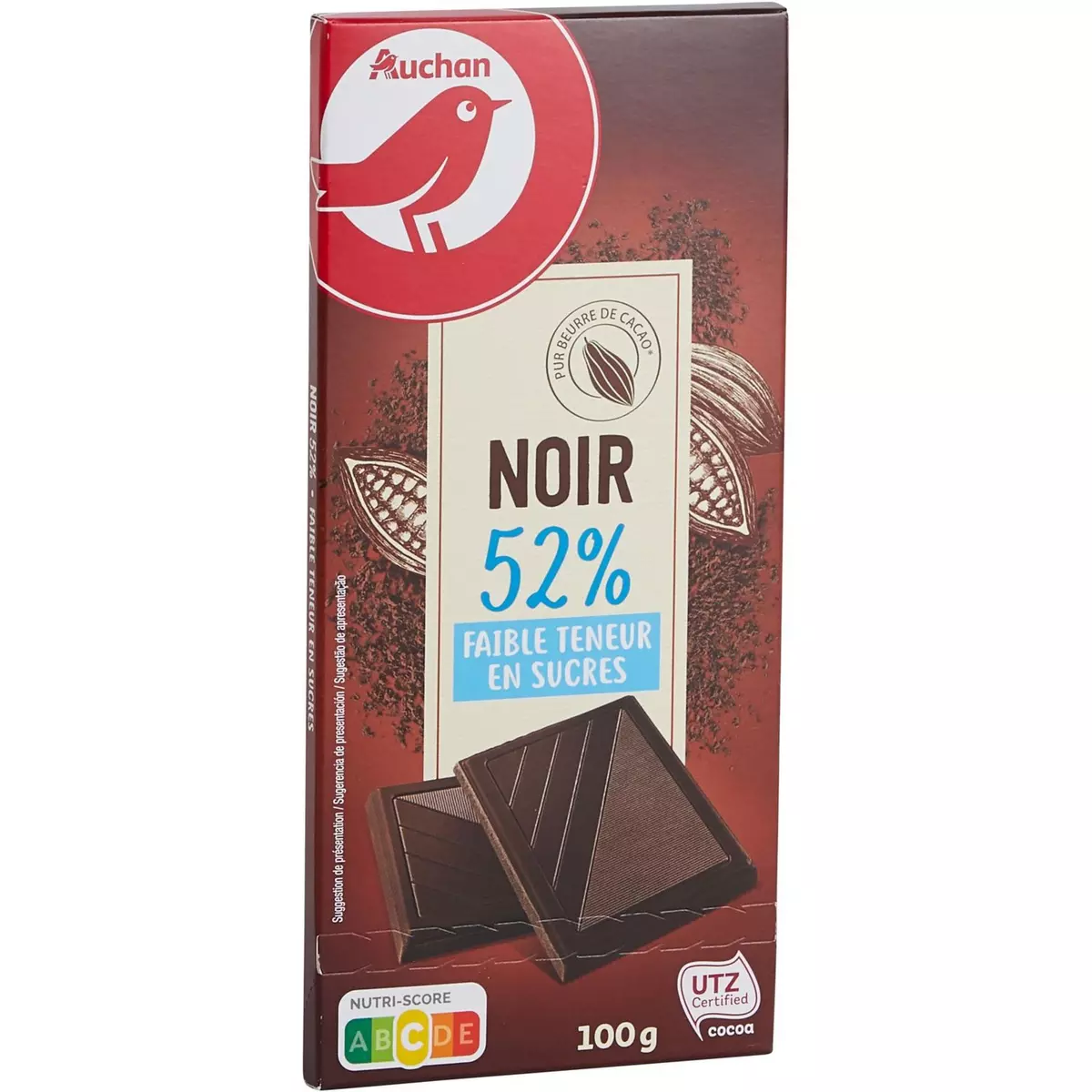 AUCHAN Tablette de chocolat noir dégustation 52% faible teneur en sucres 1 pièce 100g