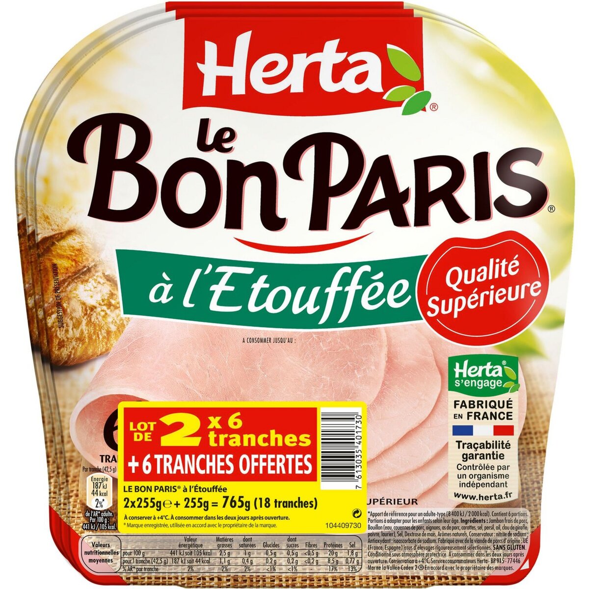 HERTA Le Bon Paris Jambon cuit supérieur à l'étouffée 2x6 +1 offert 765g