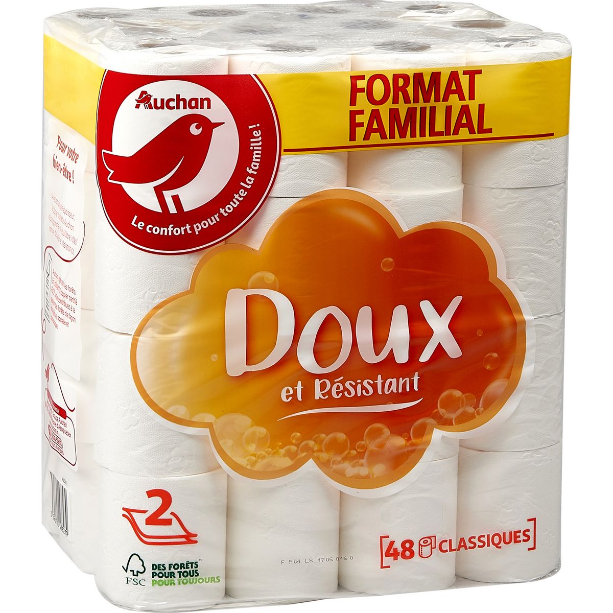 AUCHAN Papier toilette 2 épaisseurs blanc 48 rouleaux