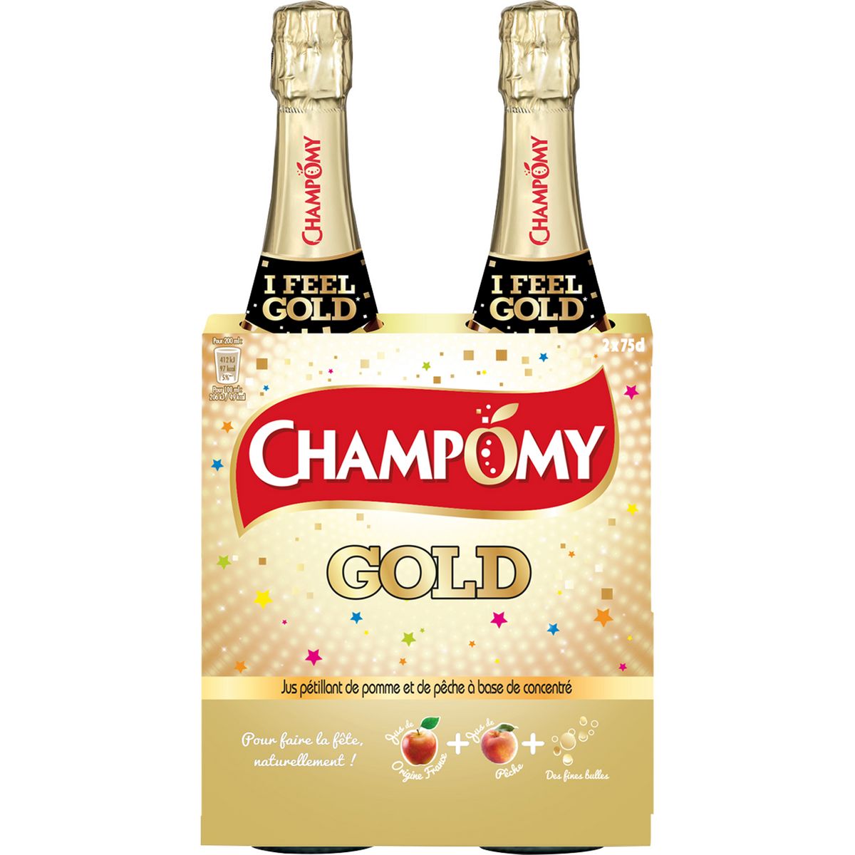 CHAMPOMY Jus de pomme et pêche pétillant gold 2x75cl