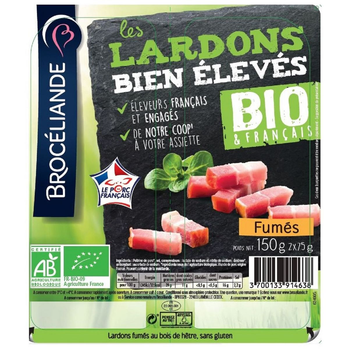BROCELIANDE Brocéliande lardons fumés bio 2x75g