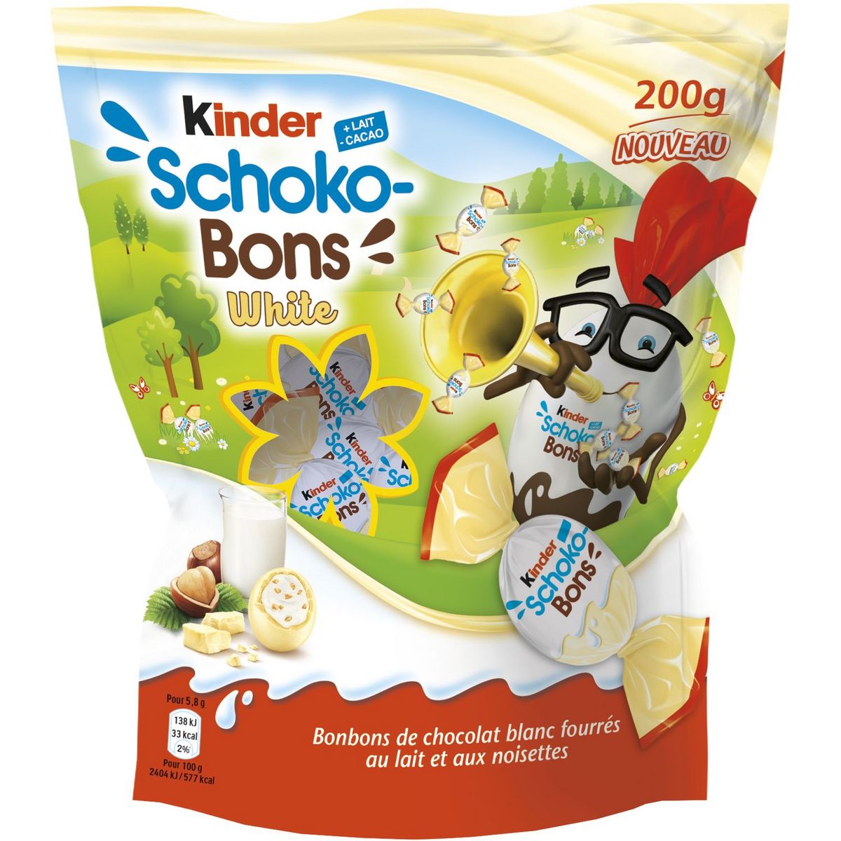 KINDER Schokobons white bonbons au chocolat blanc fourrés lait et noisettes 200g