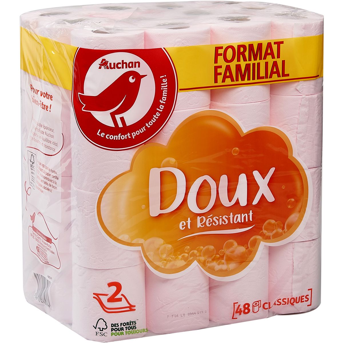 AUCHAN Papier toilette 2 épaisseurs rose 48 rouleaux