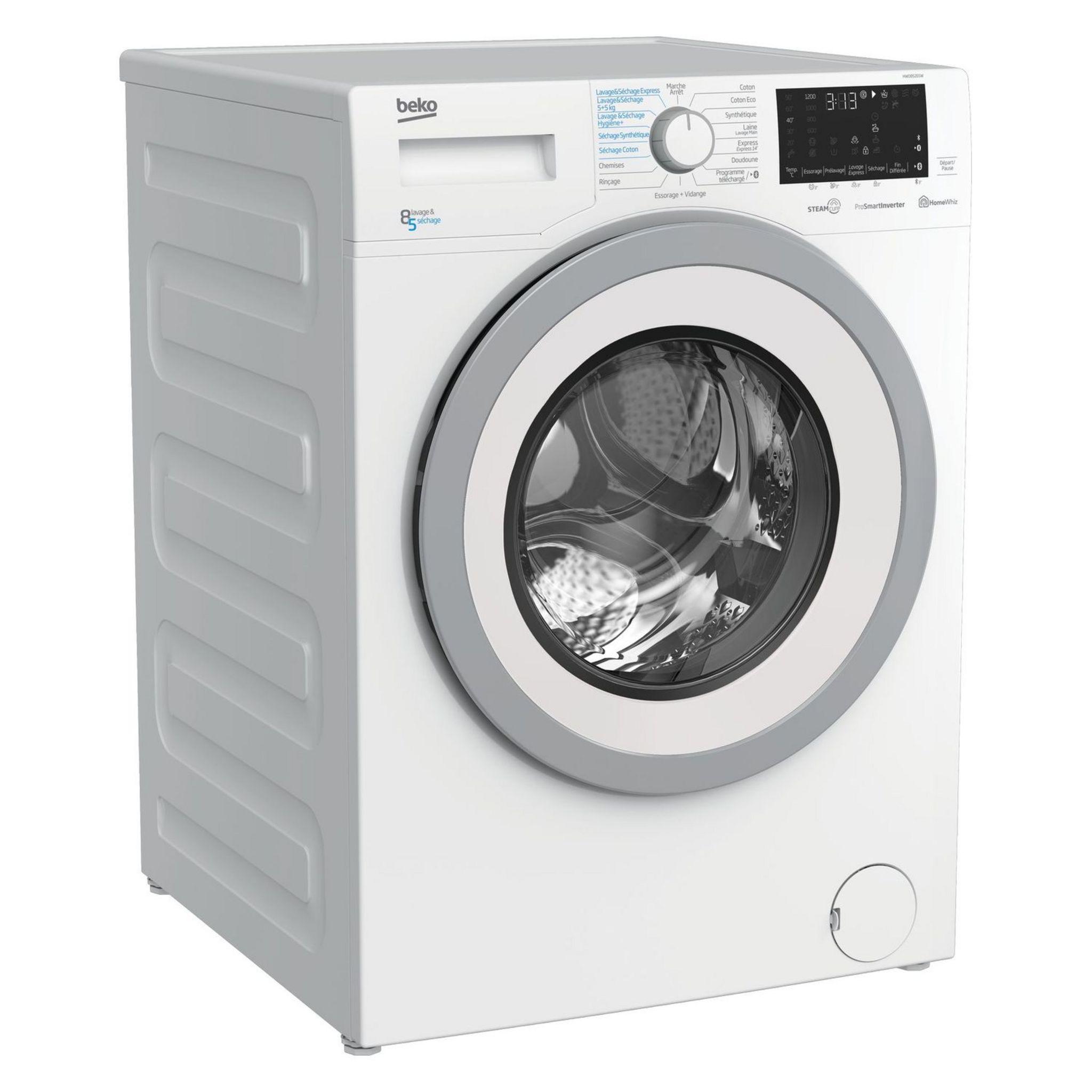 Voir la diapositive 3 : BEKO Lave linge séchant hublot HWD8526SW, 8 kg lavage, 5 kg séchage, 1200 T/min, Condensation