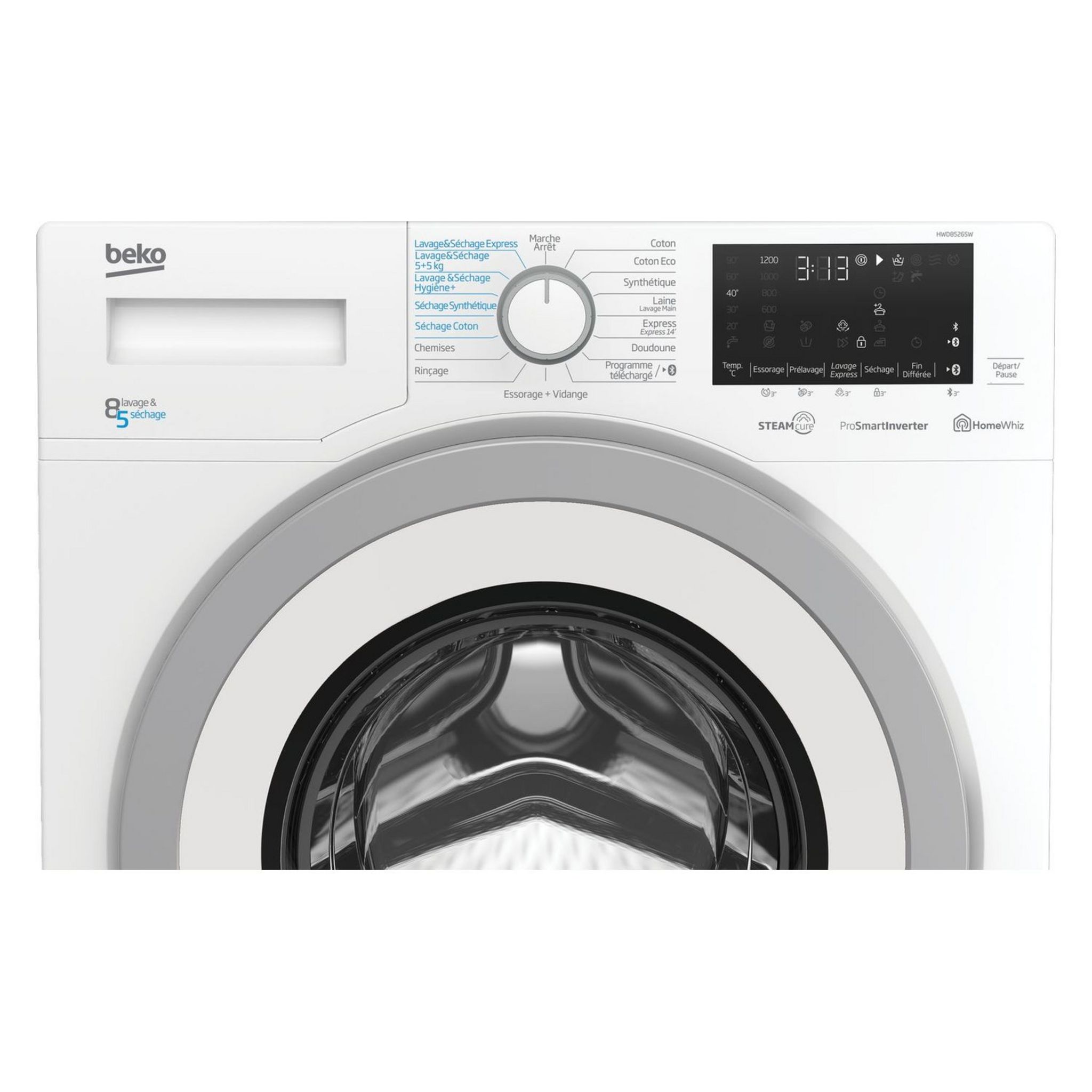 Voir la diapositive 5 : BEKO Lave linge séchant hublot HWD8526SW, 8 kg lavage, 5 kg séchage, 1200 T/min, Condensation