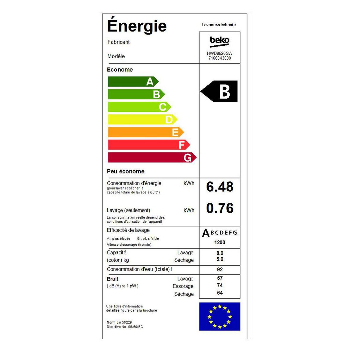 BEKO Lave linge séchant hublot HWD8526SW, 8 kg lavage, 5 kg séchage, 1200 T/min, Condensation