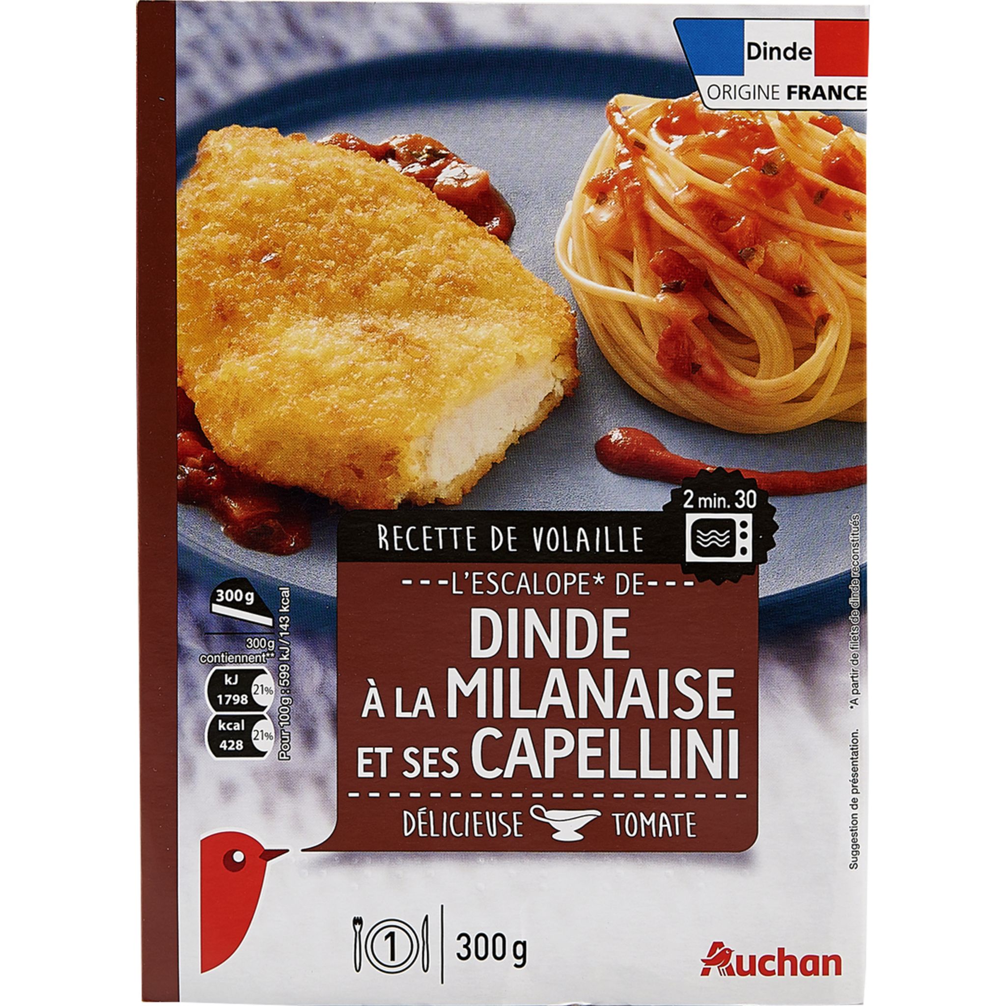 AUCHAN Escalope De Dinde La Milanaise Et Ses Capellini 1 Portion 300g 