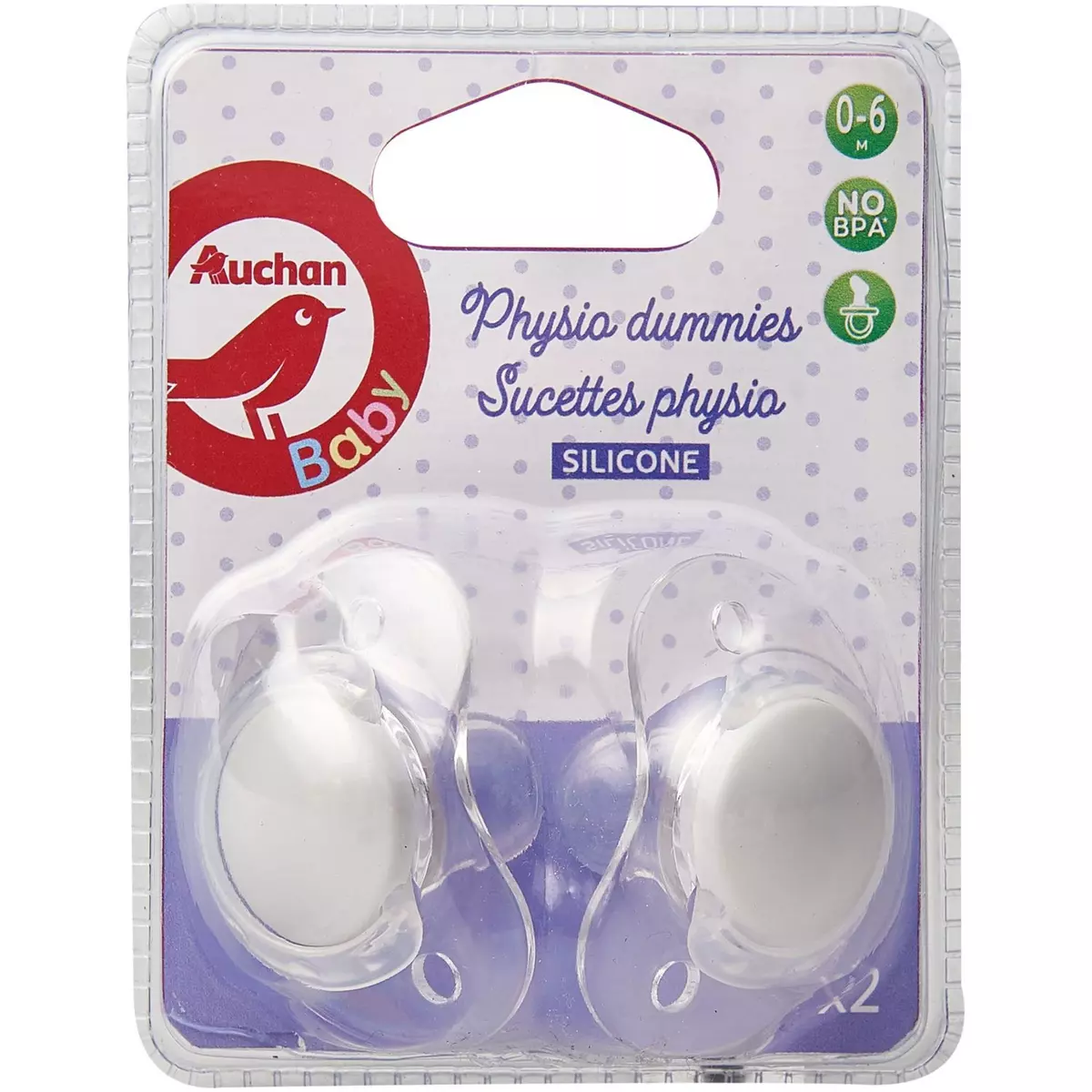 AUCHAN Auchan baby sucette physio en silicone lot de 2 jusque 6 mois lot de 2