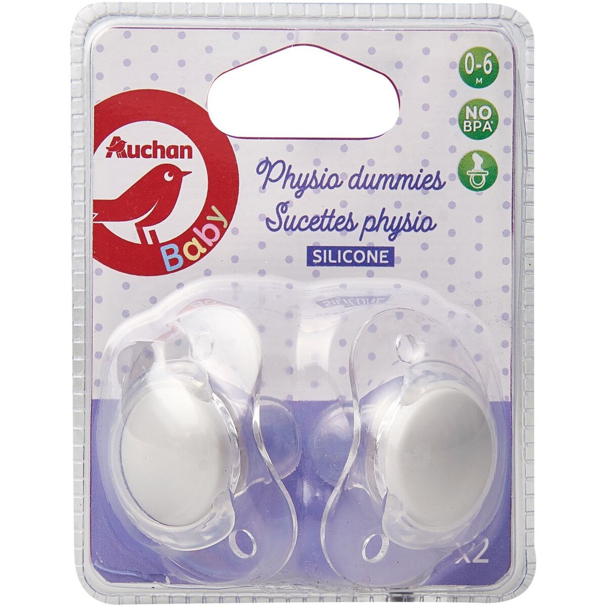 AUCHAN Auchan baby sucette physio en silicone lot de 2 jusque 6 mois lot de 2