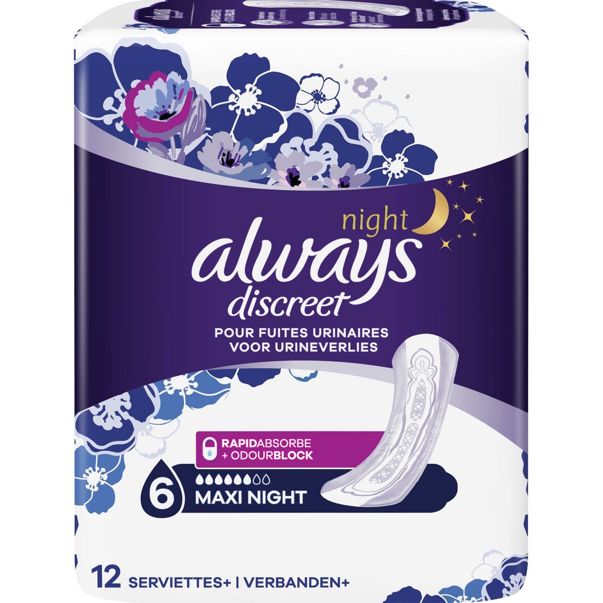 ALWAYS Discreet serviettezs hygiéniques nuit maxi night 12 serviettes