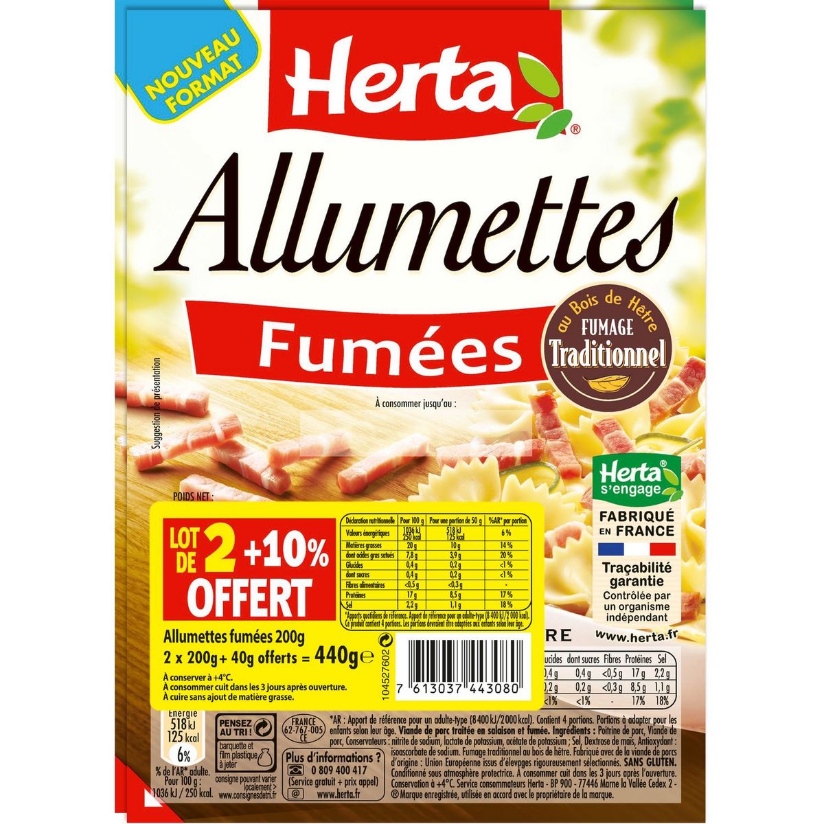 HERTA Allumettes fumées au bois de hêtre 2x200g+10% offert