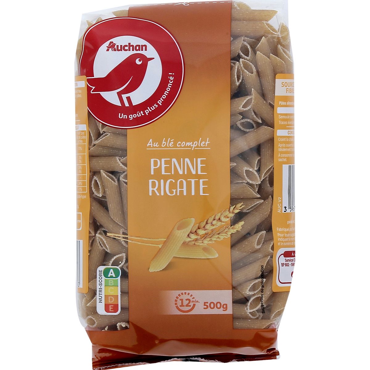 AUCHAN Penne rigate au blé complet  500g