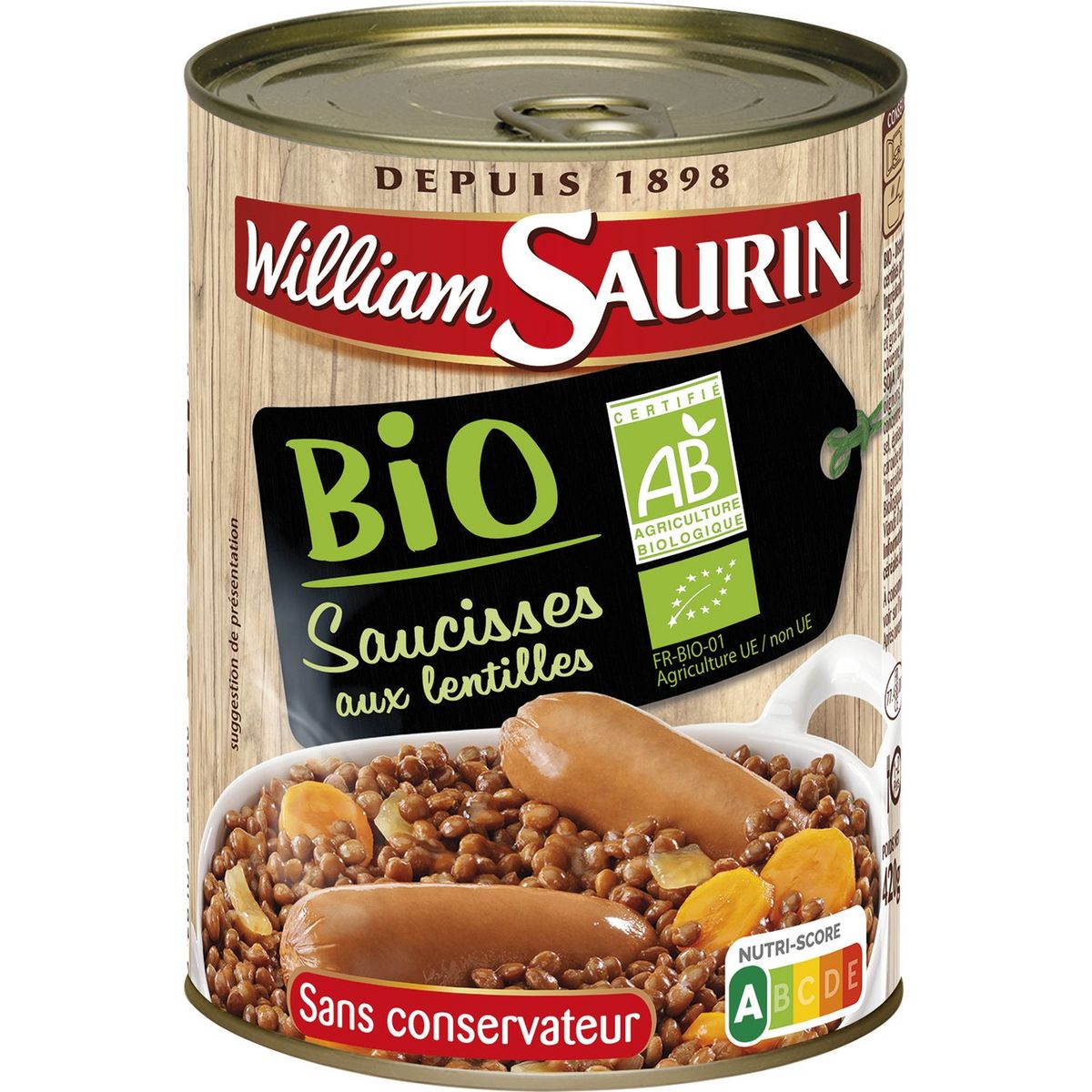 WILLIAM SAURIN Saucisses aux lentilles bio sans conservateur 420g