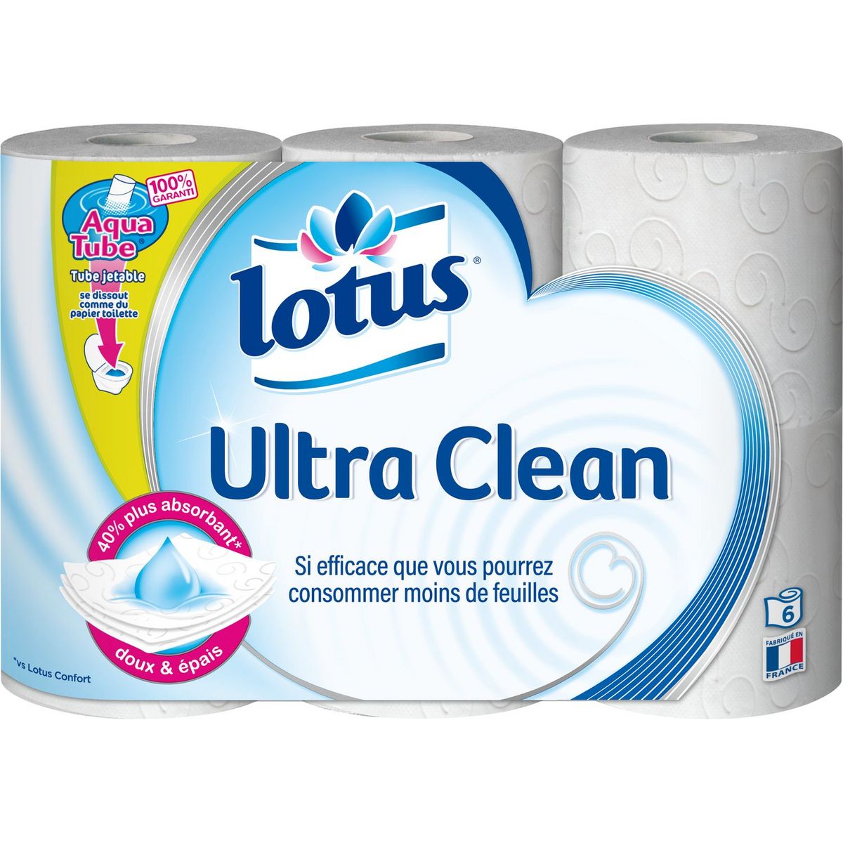 LOTUS Papier toilette blanc aqua tube 3 épaisseurs 6 rouleaux