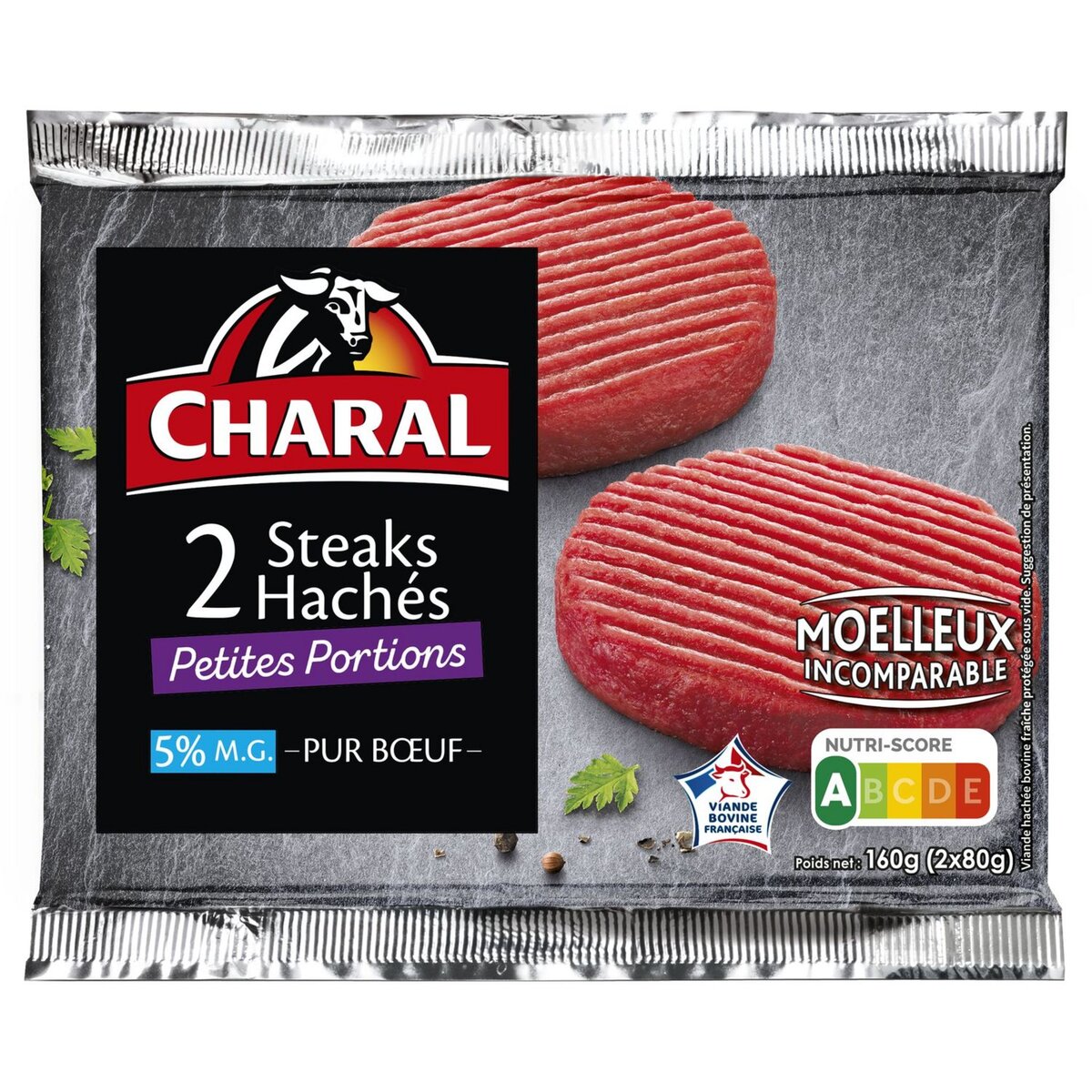 CHARAL Steaks Hachés Pur Bœuf 5%mg 2 pièces 160g