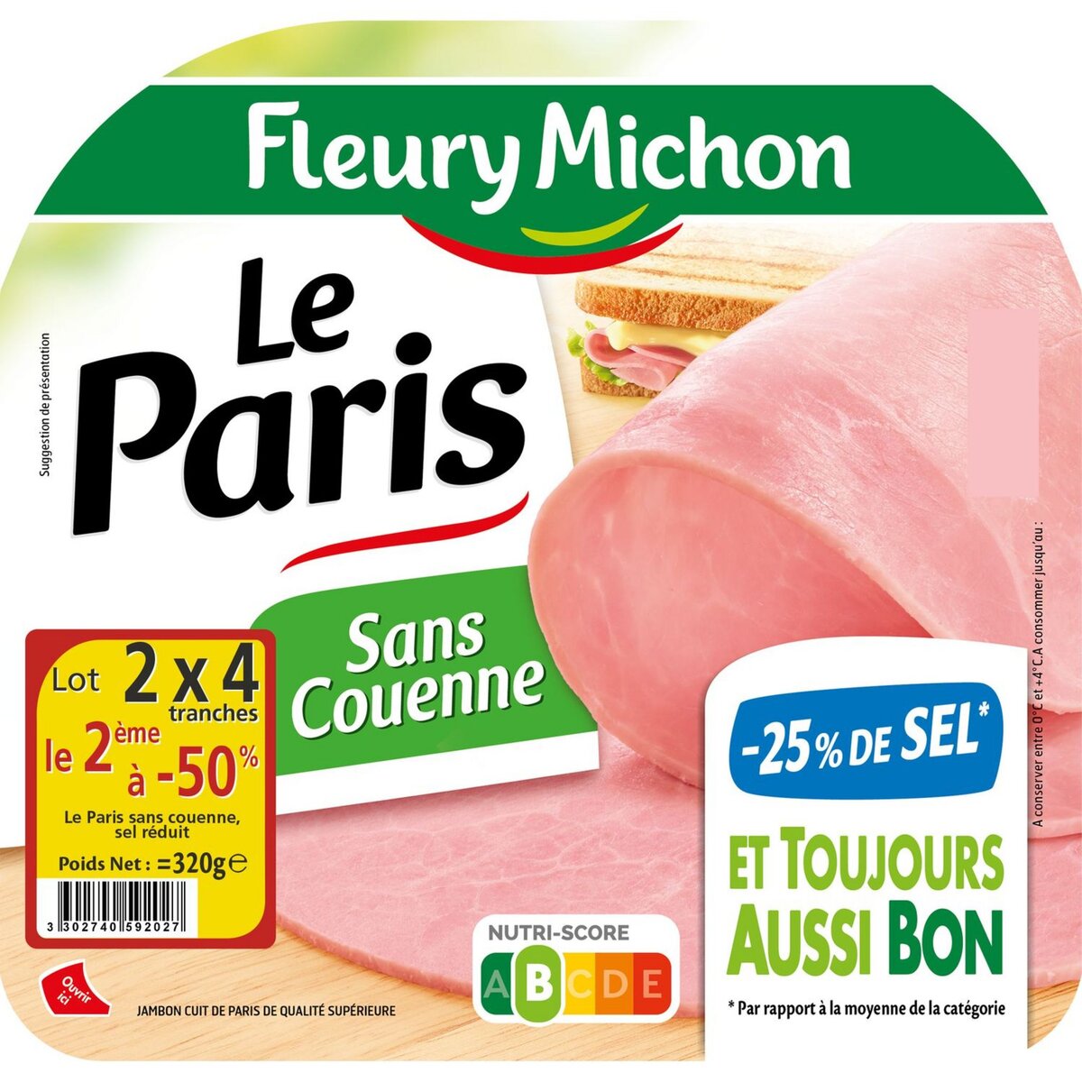 FLEURY MICHON Fleury jambon sel réduit 2x4tr dont 50% sur le 2ème 320g