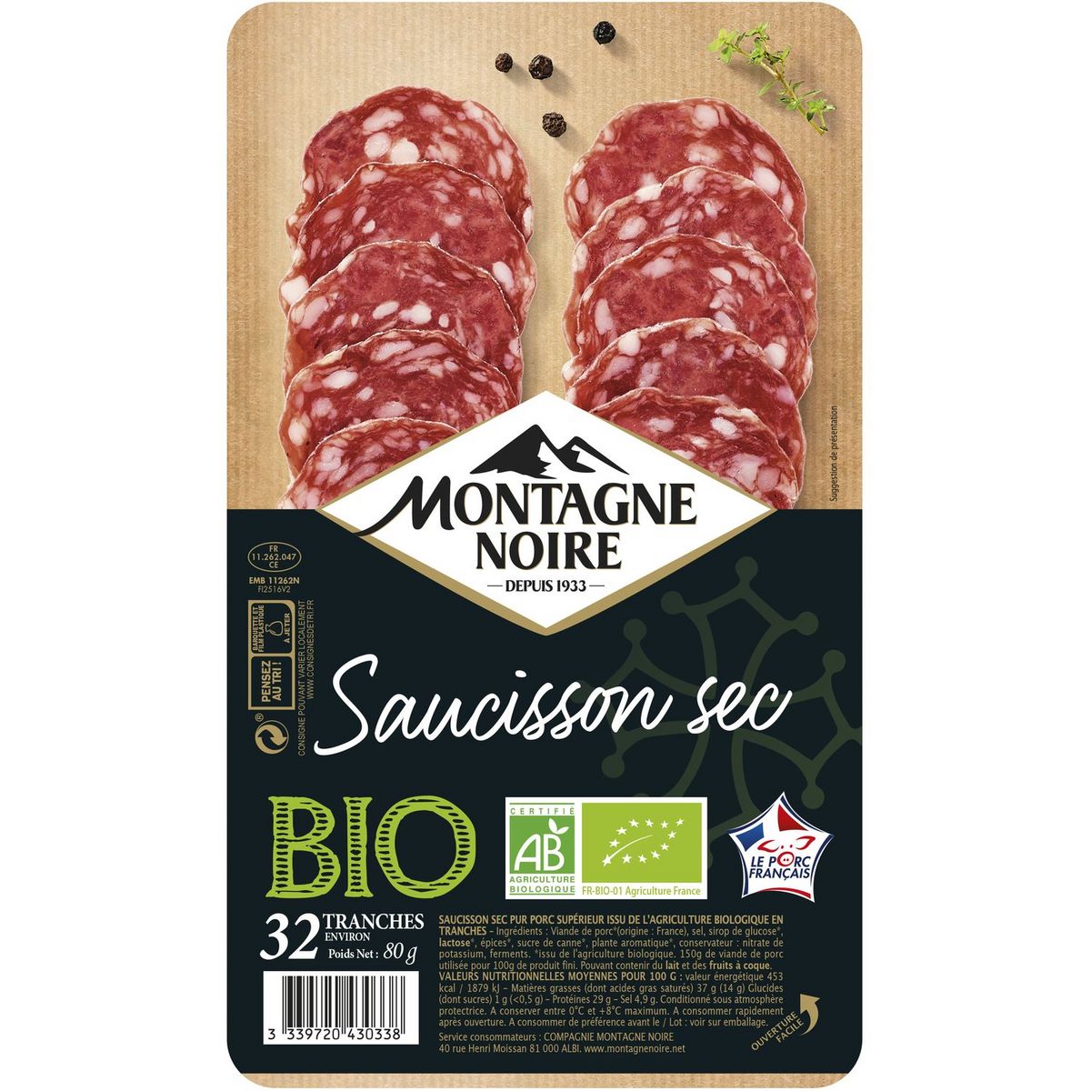 MONT NOIR Montagne Noire saucisson sec bio 32 tranches 80g
