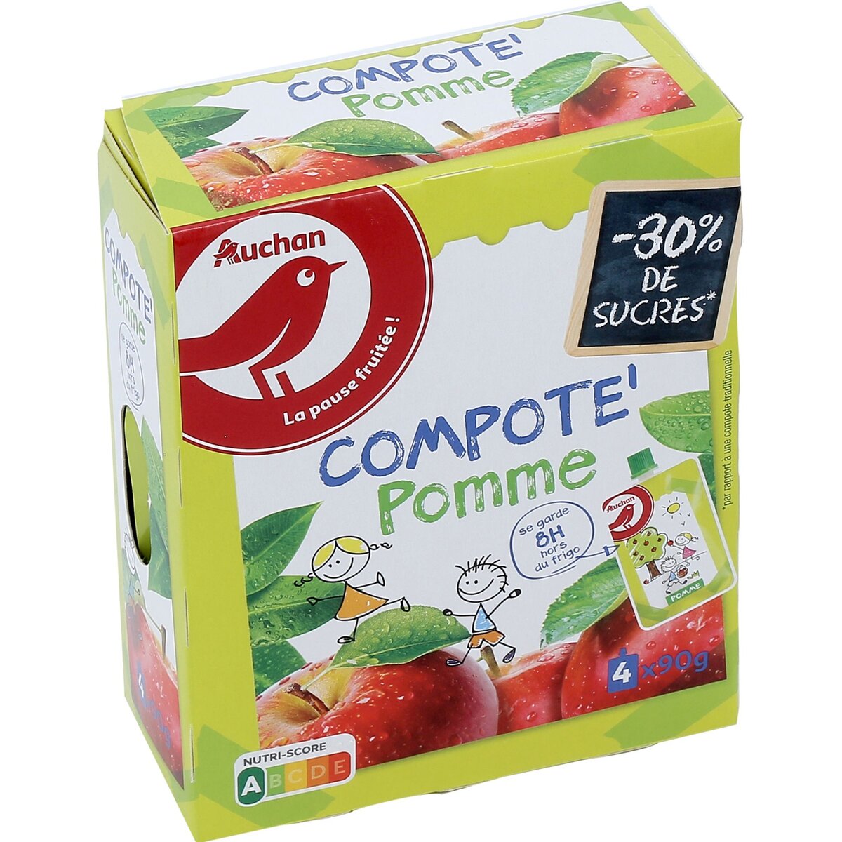 AUCHAN Gourdes de compote de pomme 4x90g