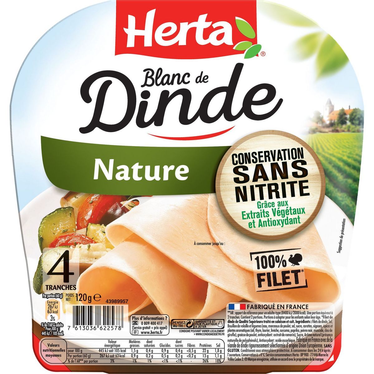 HERTA Jambon de dinde nature sans nitrite 4 tranches 120g