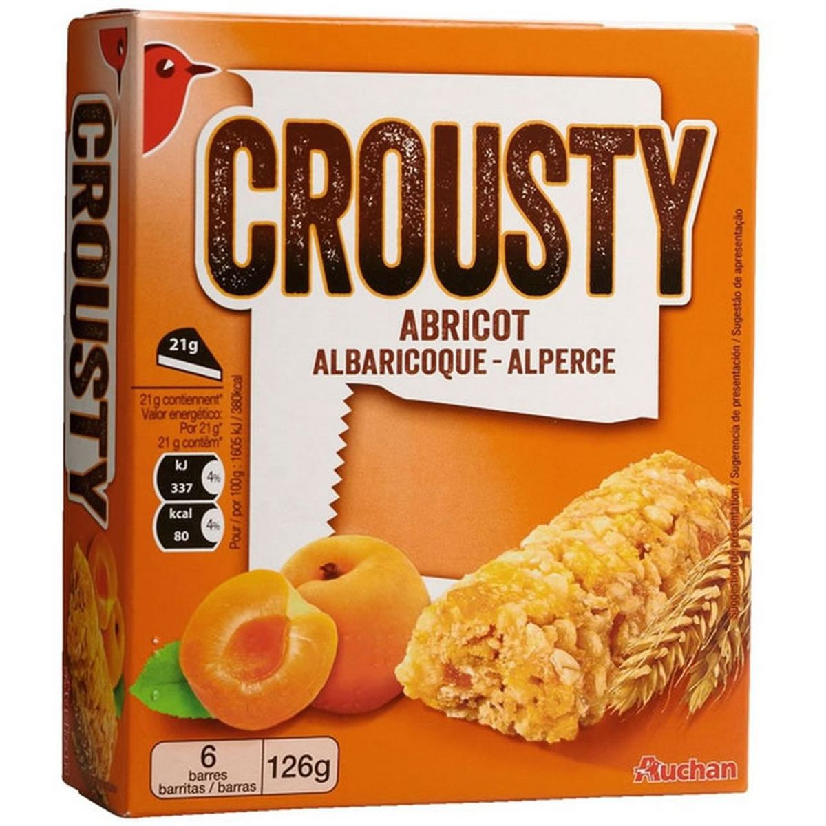 AUCHAN Crousty Barres de céréales à l'abricot 6 barres 126g