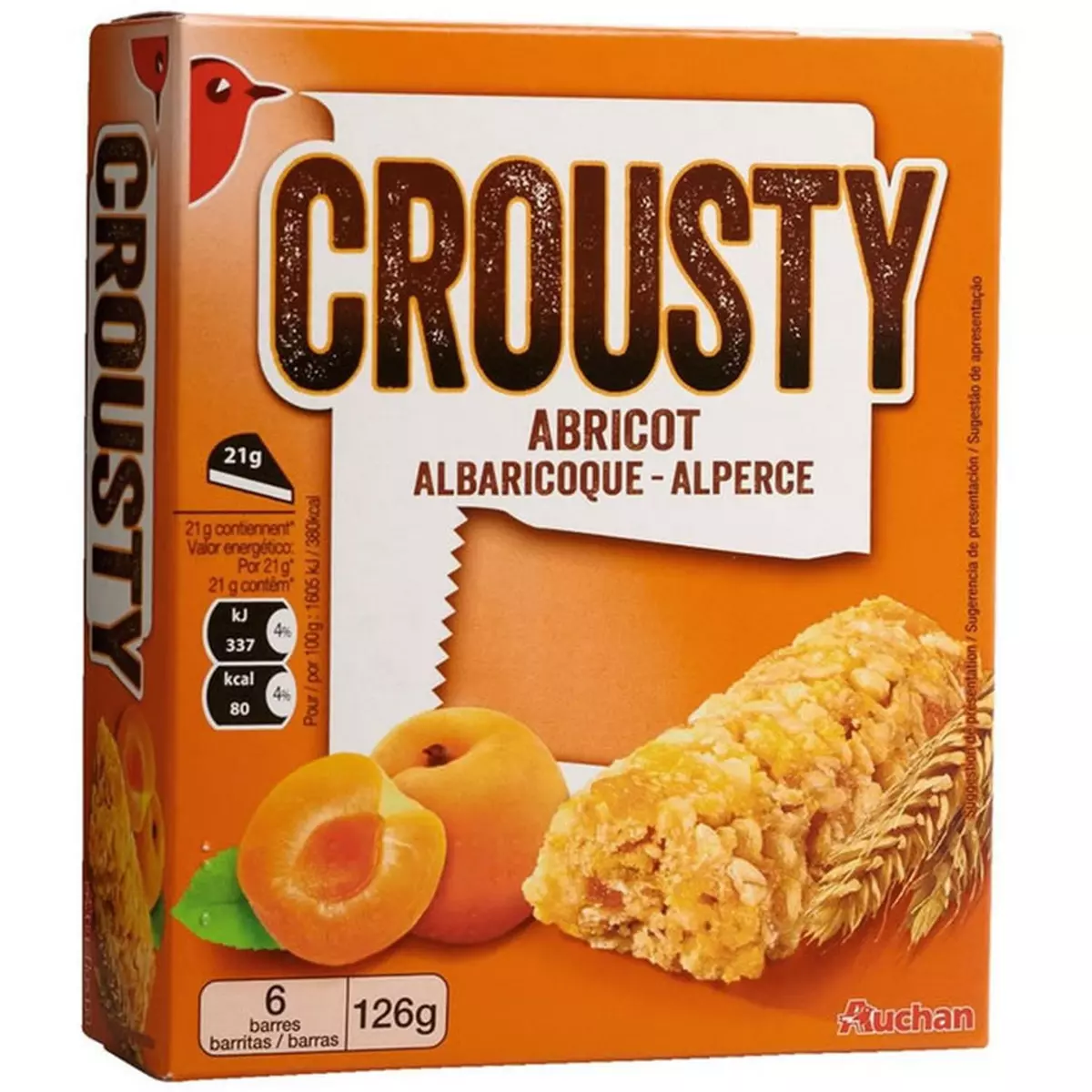 AUCHAN Crousty Barres de céréales à l'abricot 6 barres 126g