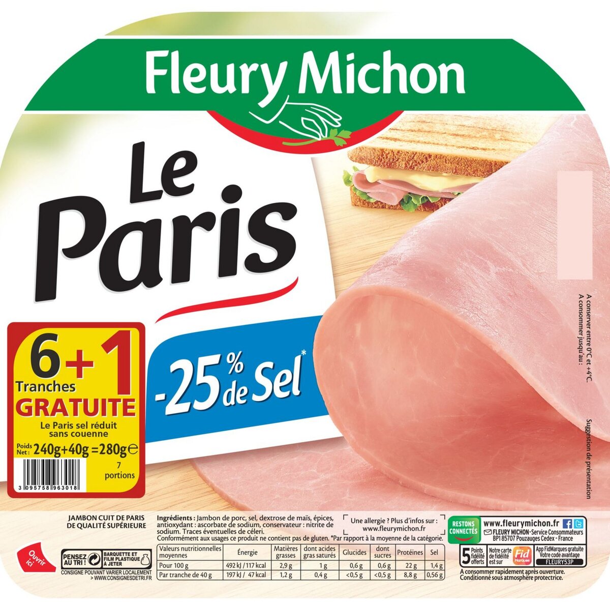 FLEURY MICHON Jambon de Paris réduit en sel 7 tranches 280g