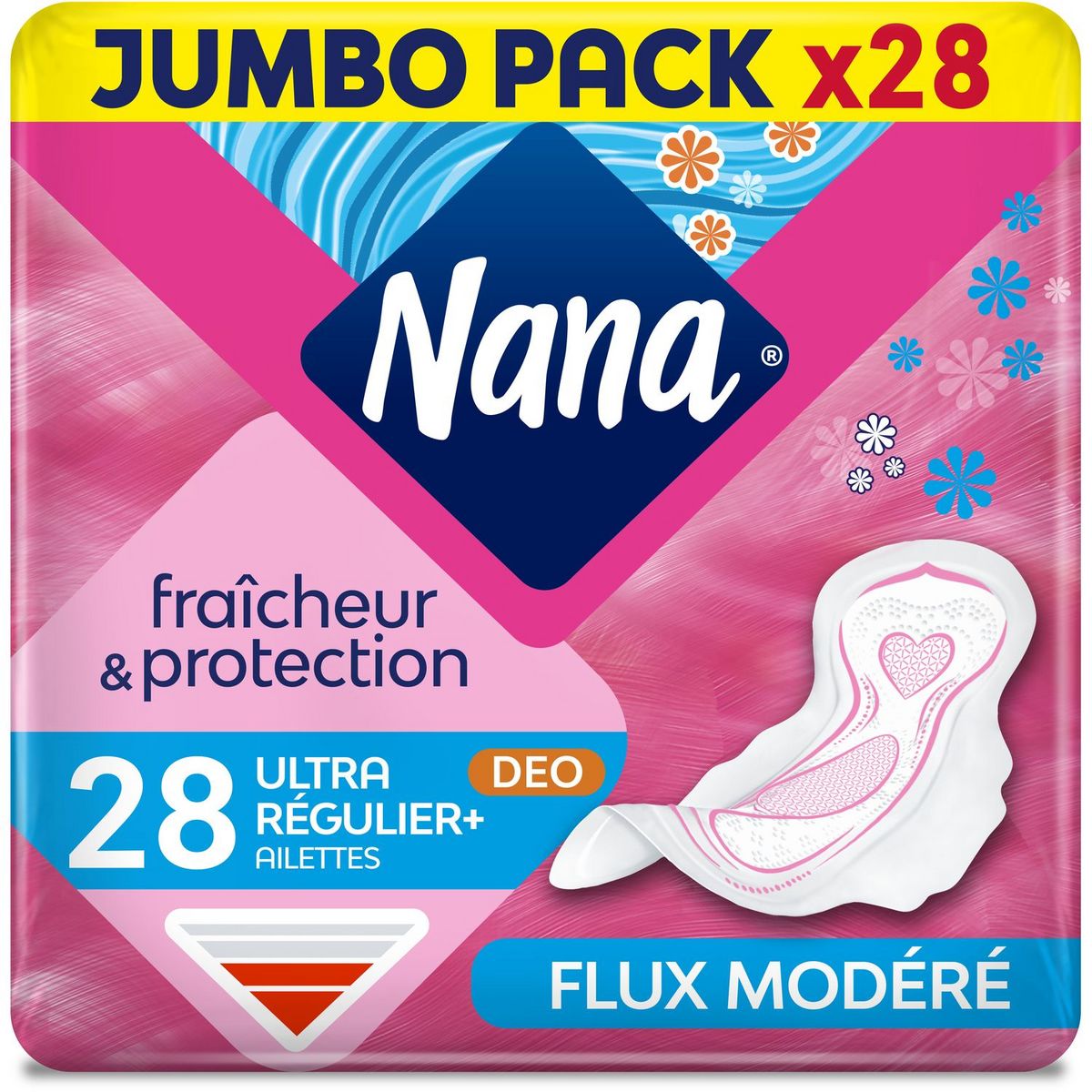 NANA Fraîcheur et protection Serviettes hygiéniques déo avec ailettes ultra régulier plus 28 serviettes