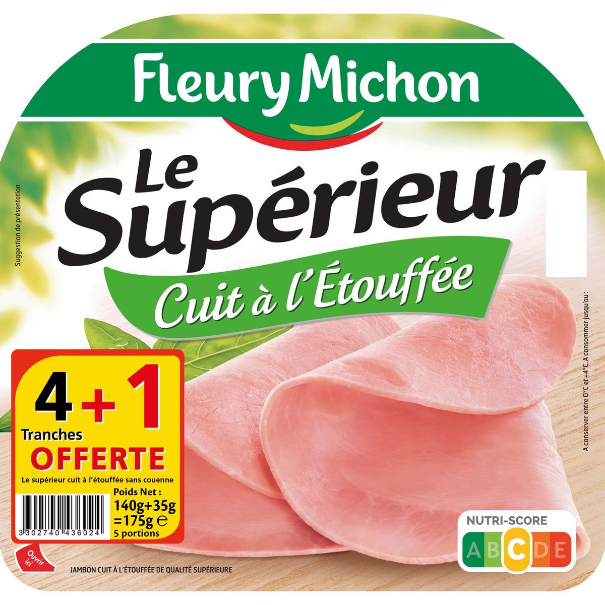 FLEURY MICHON Jambon blanc le supérieur 4 tranches+1 offerte 175g