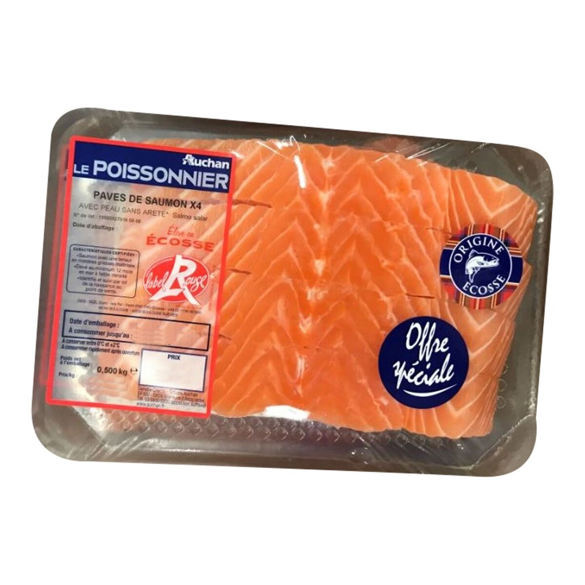 AUCHAN LE POISSONNIER Pavés de saumon d'Ecosse label rouge avec peau sans arêtes 4 pièces 500g