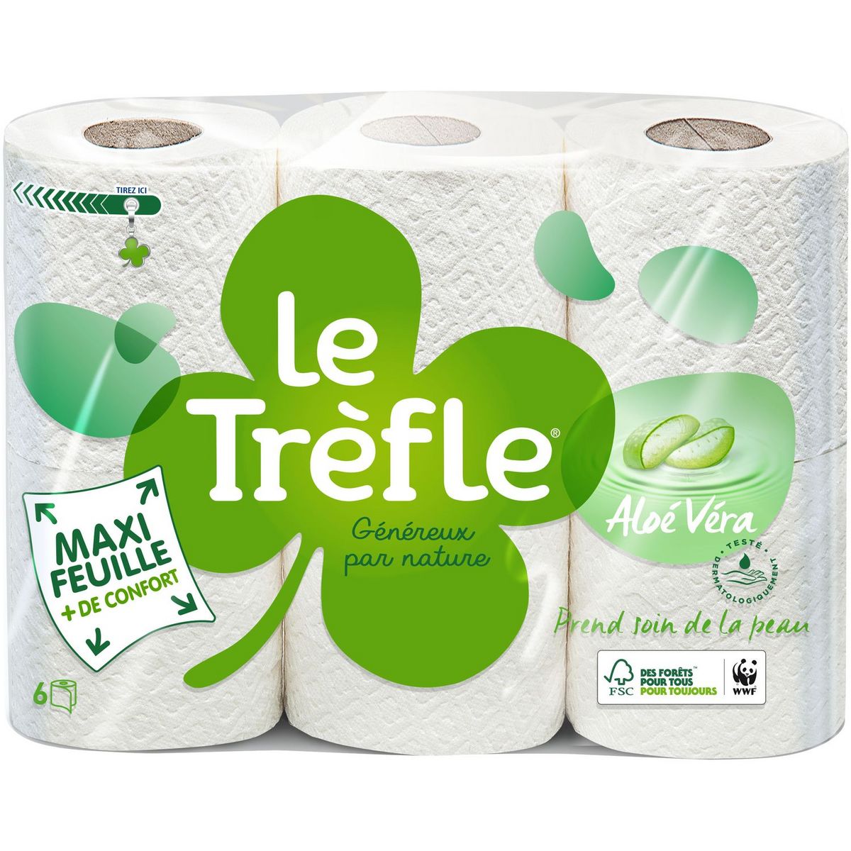 LE TRÈFLE Papier toilette blanc parfumé aloé vera maxi-feuille 6 rouleaux