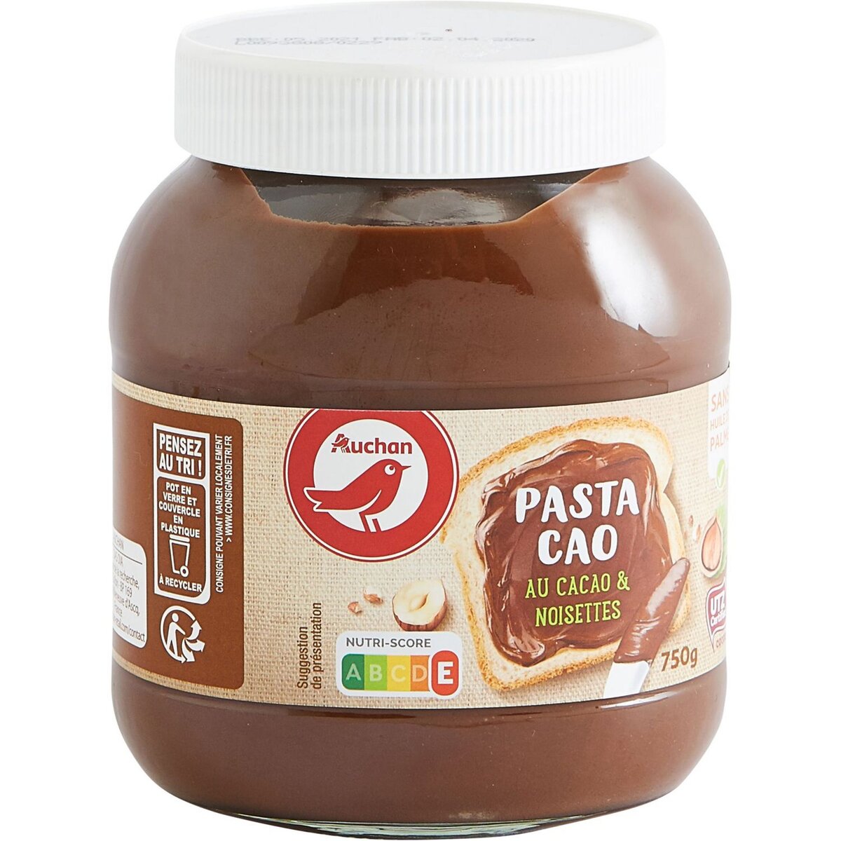 AUCHAN Pâte à tartiner au cacao et noisettes sans huile de palme Pasta Cao 750g