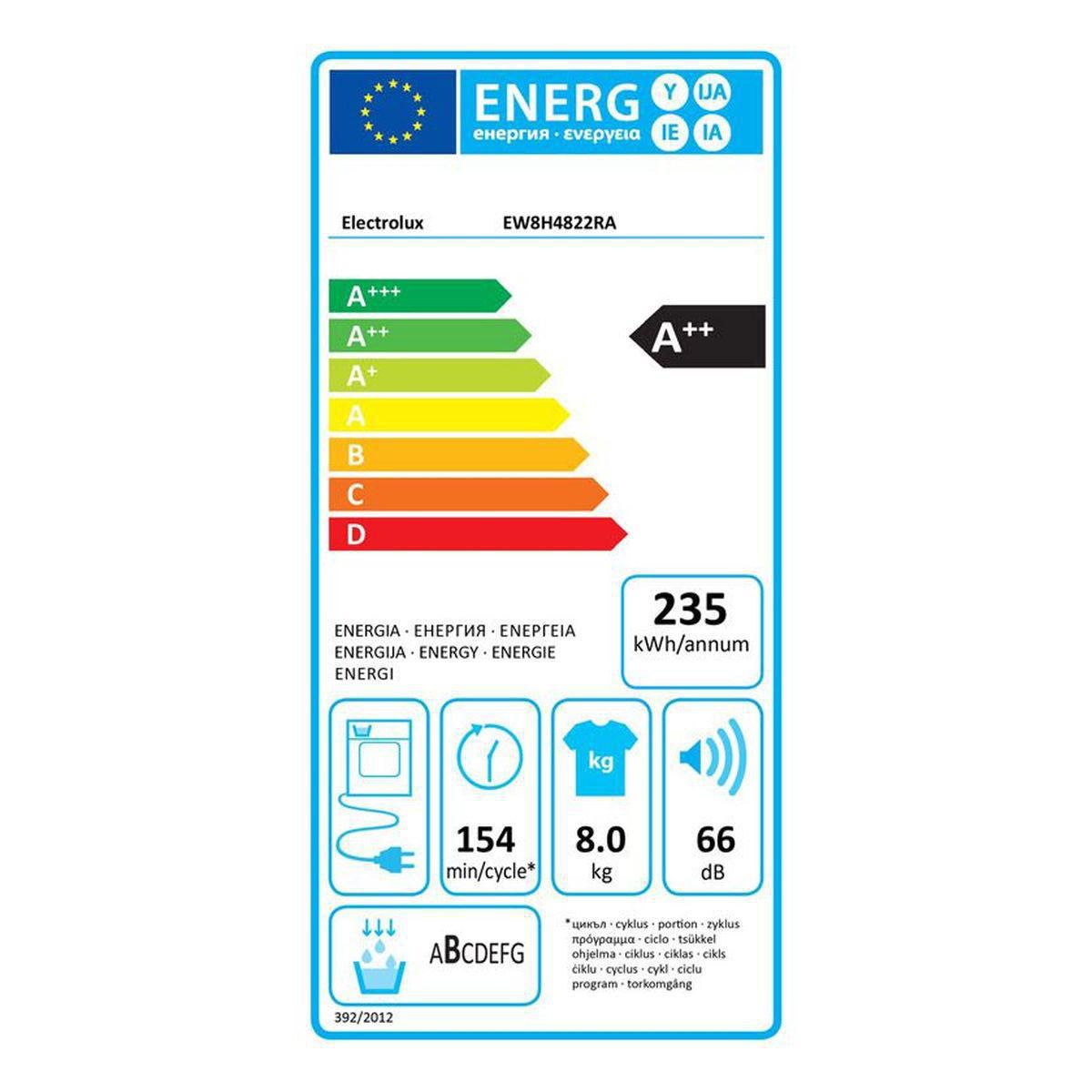 ELECTROLUX Sèche linge hublot EW8H4822RA, 8 kg, Pompe à chaleur, A++