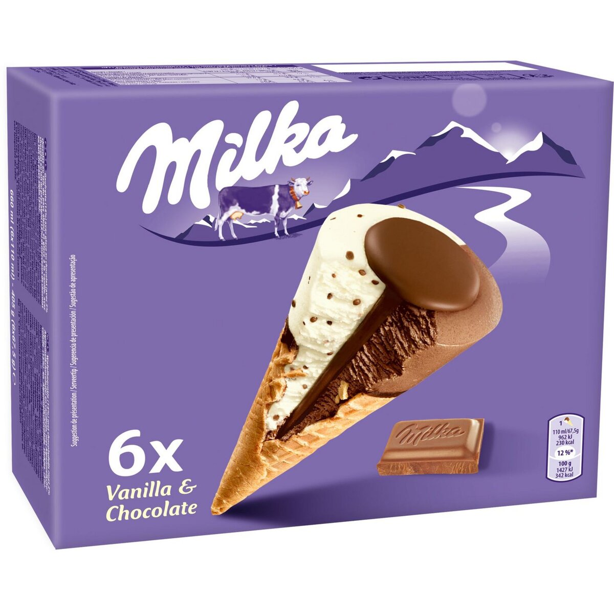 MILKA Cône glacé au chocolat et à la vanille 6 pièces 405g