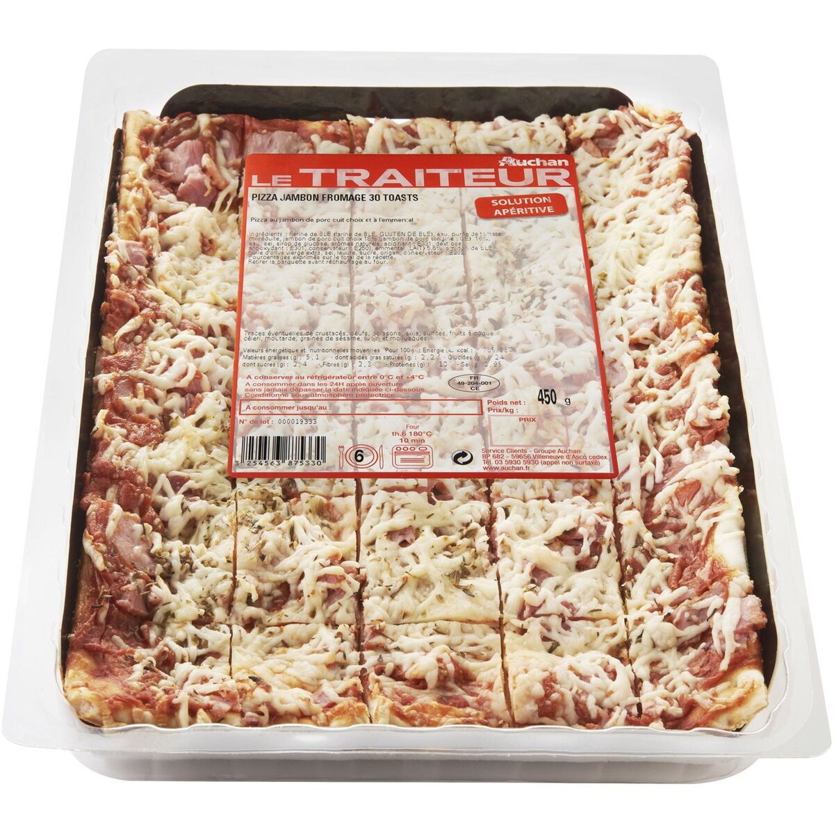 AUCHAN LE TRAITEUR Pizza jambon fromage 30 pièces 450g